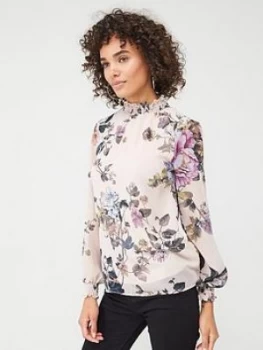 Image of Oasis Floral Shirred Neck Top - Natural, Size 12, Women