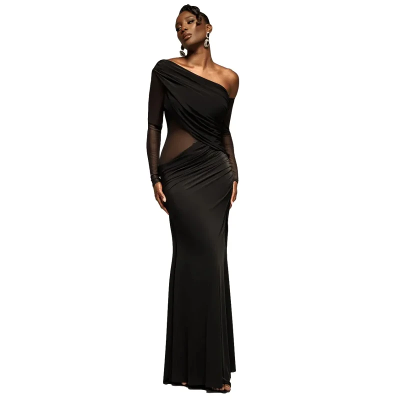 Image of Goddiva Womens Gathered Cowl Asymmetric Mesh & Soft Touch Maxi Dress in Black Size: 8 Black Female 8