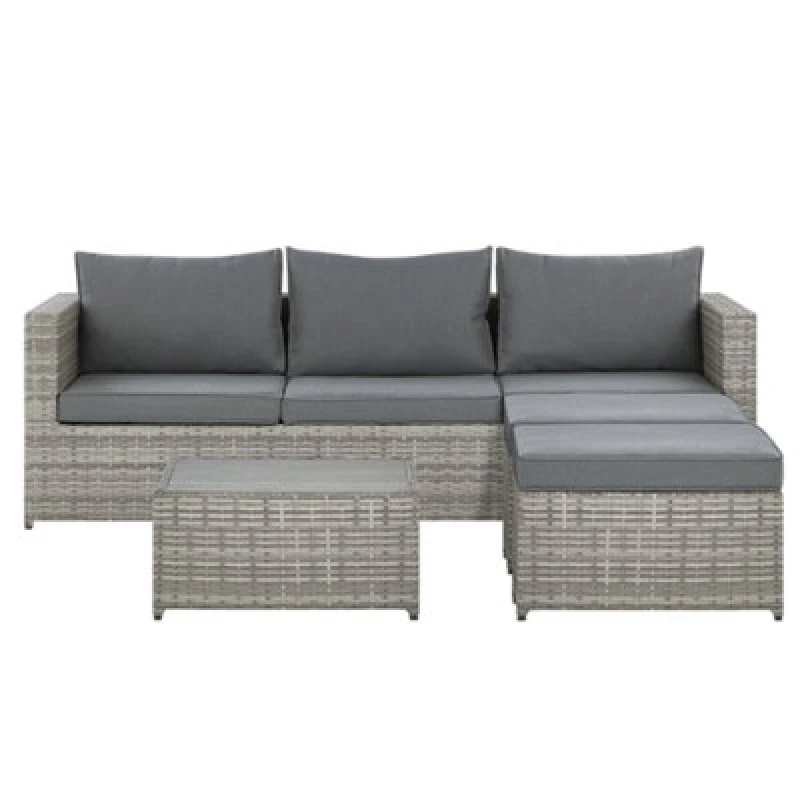 Image of Beliani Garden Corner Sofa With Table 5 Seater Sabbia Right Hand Modular Pe Rattan Light Grey