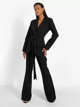 Image of Boohoo Tie Waist Tailored Blazer - Black, Size 14, Women