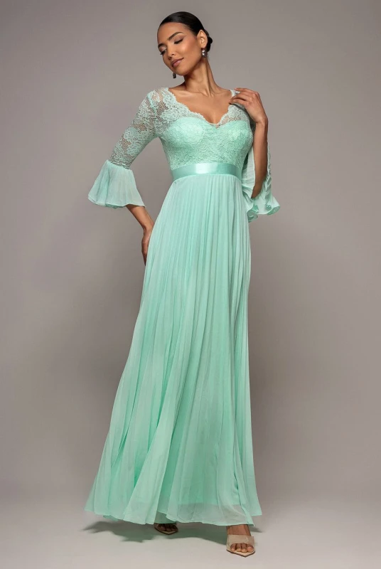 Image of Goddiva Womens Scalloped Lace Bodice Pleated Chiffon A Line Maxi Dress in Mint Size: 8 Mint Female 8