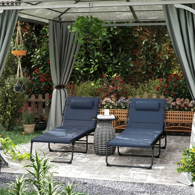 Image of OUTSUNNY Folding Sun Loungers Set of 2, Reclining Sun Bed, Dark Blue Blue Unisex