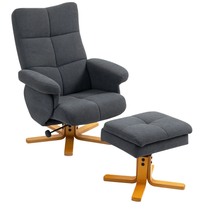 Image of HOMCOM HOMCOM Linen Recliner Chair and Footstool Wooden Base Grey Grey One Size Unisex 5063603058538