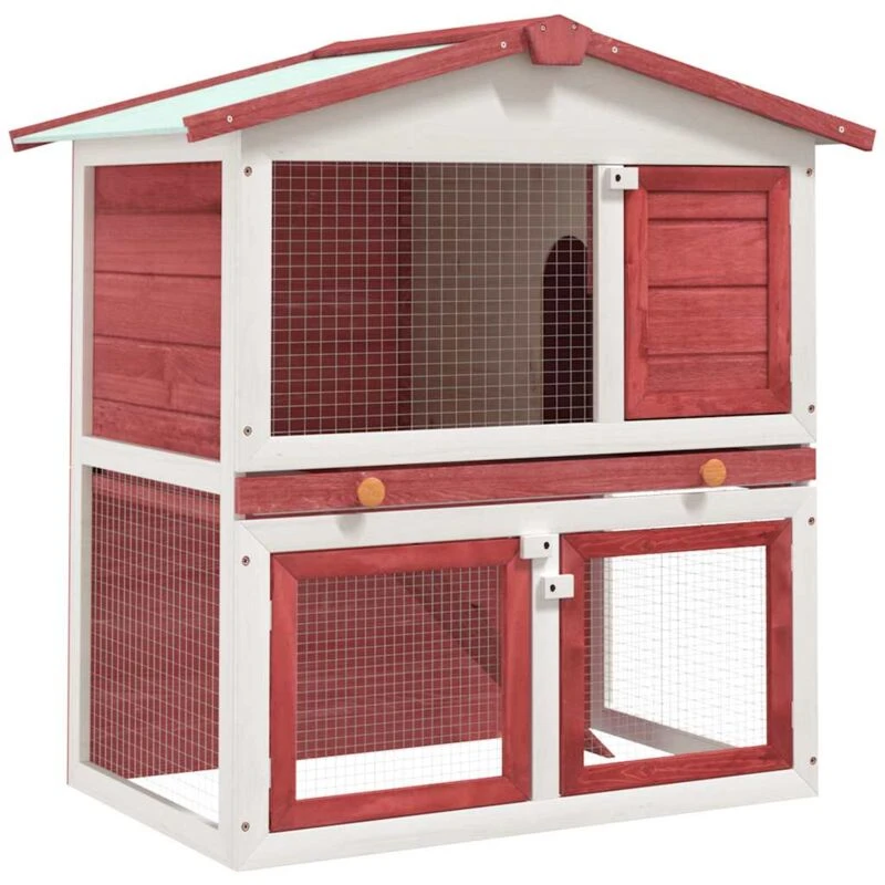 Image of vidaXL Outdoor Rabbit Hutch 3 Doors Red Wood Pet House Habitat Cage Carrier