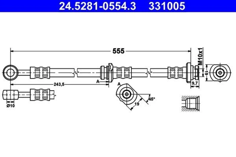 Image of ATE 24.5281-0554.3 Brake Hose without banjo bolt Brake Hose (83)