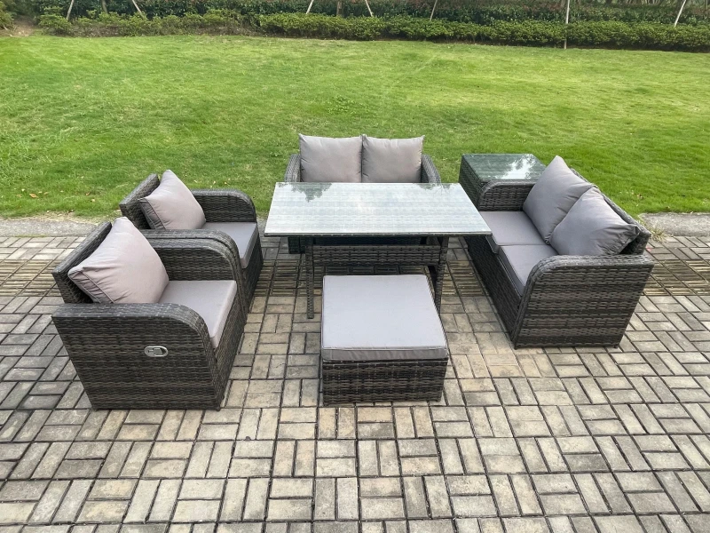 Image of Fimous Rattan Outdoor Furniture Garden Dining Set Rectangular Table & Chair Sofa Set With Side Table Big Footstool in Dark Grey Dark Grey Unisex