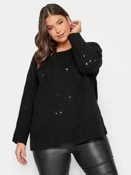 image of Yours Distressed Crew Neck Jumper Black, Size 14-16, Women