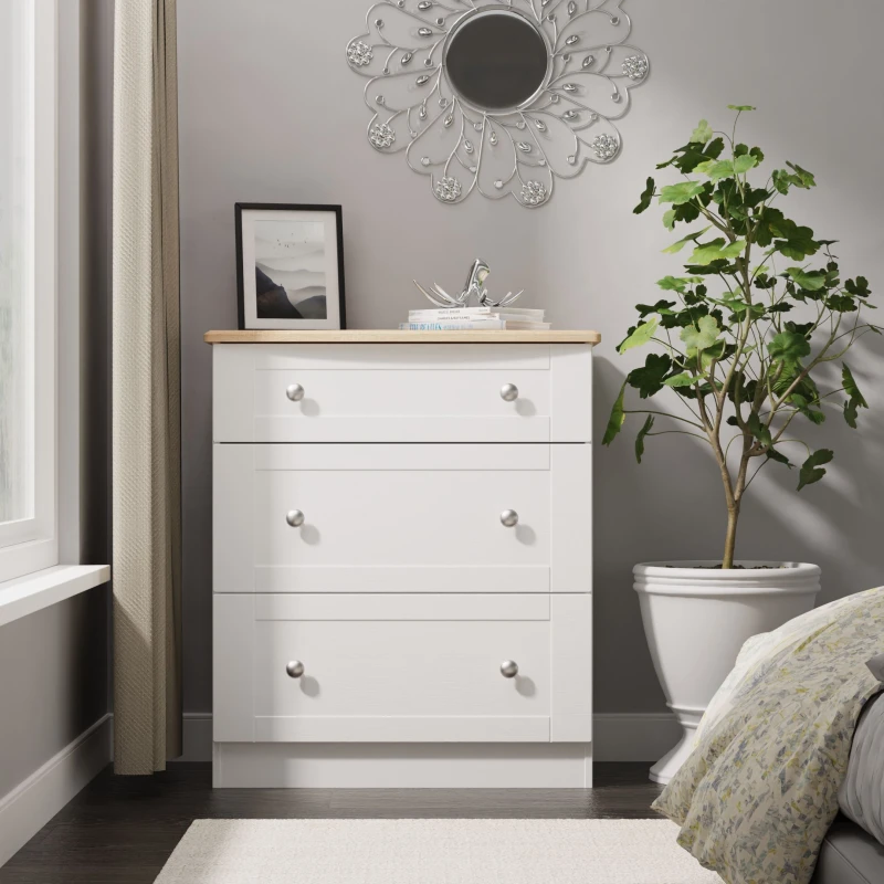 Image of Welcome Furniture Ready Assembled Sussex 3 Drawer Deep Chest In White Ash & Bardolino Oak, White SUS049WABO