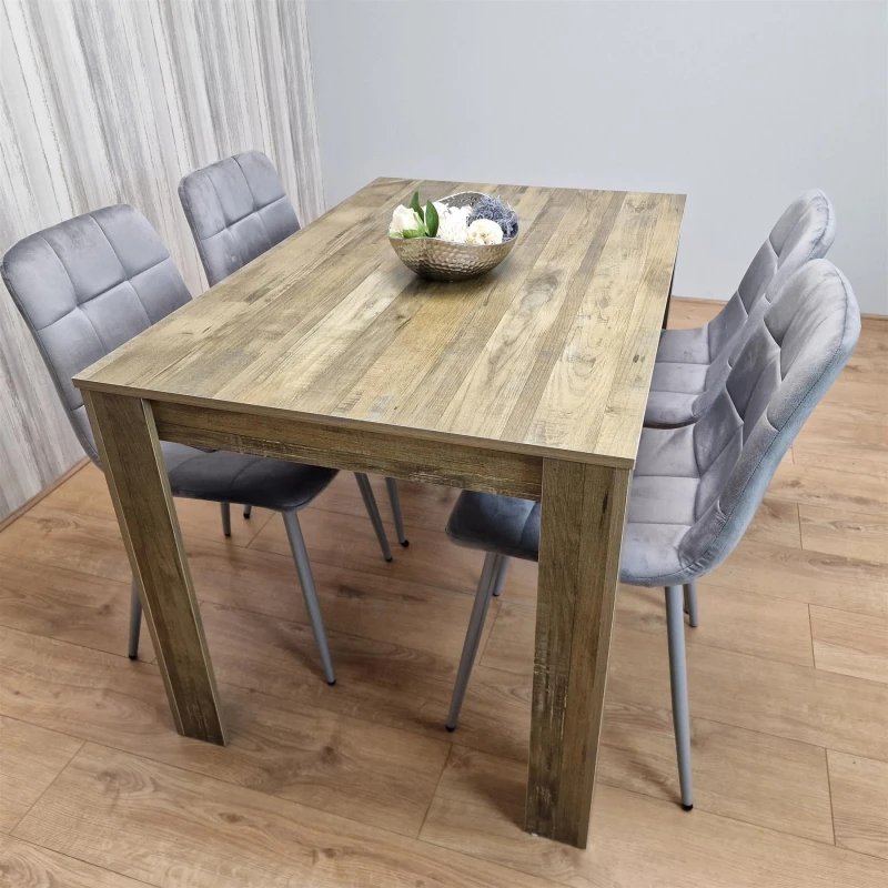 Image of KOSY KOALA KOSY KOALA Dining Table and 4 Chairs Rustic Effect Wood Table 4 Grey Velvet Chairs Dining Room in Brown Size: 140cm x 80cm Brown 140cm x