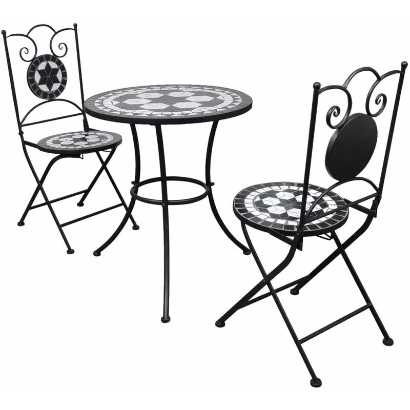 Image of vidaXL Bistro Table 60cm Mosaic with 2 Chairs Black and White Garden Furniture