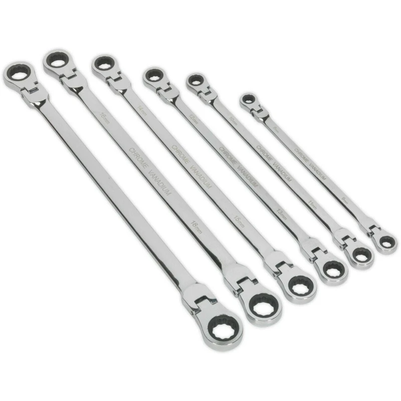 Image of Loops 6pc Flexible Head EXTRA LONG Ratchet Ring Spanner Set - 12 Point Metric Double Multi