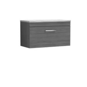 image of Nuie Athena 800 Wall Hung Single Drawer Vanity & Bellato Grey Worktop - Grey Woodgrain