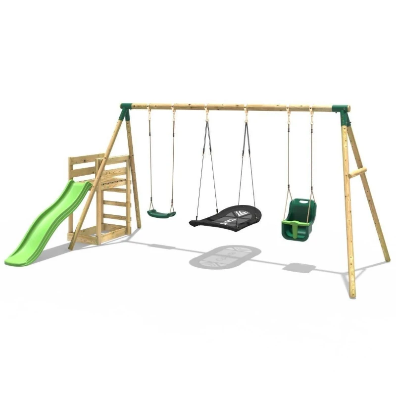 Image of Rebo Wooden Triple Swing Set with Baby Seat, Boat Swing and Slide - Halley Green Green