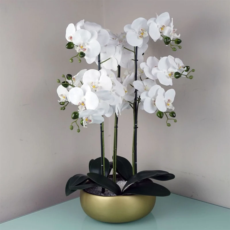 Image of Leaf Orchid Artificial White Gold Ceramic Planter Botanik Green