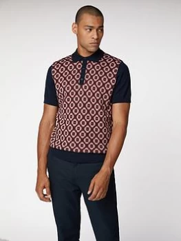 Image of Ben Sherman Pattern Front Polo - Dark Navy/Patterned, Dark Navy, Size L, Men