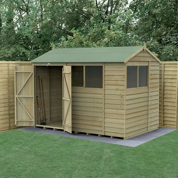 image of 10' x 6' Forest 4Life 25yr Guarantee Overlap Pressure Treated Double Door Reverse Apex Wooden Shed - 4 Windows (3.01m x 1.99m)