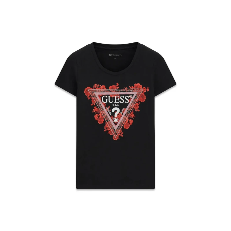 Image of Guess Womens T-Shirt Guess CN Flowers Triangle Noir Female S