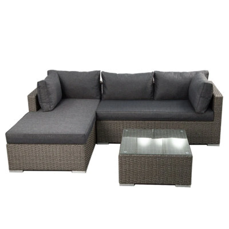 Image of Rattan Garden Corner Sofa Set, 3 Piece Corner Garden Lounge Set With 10Cm Cushion, Tempered Glass Table - Fully Assembled - Gray