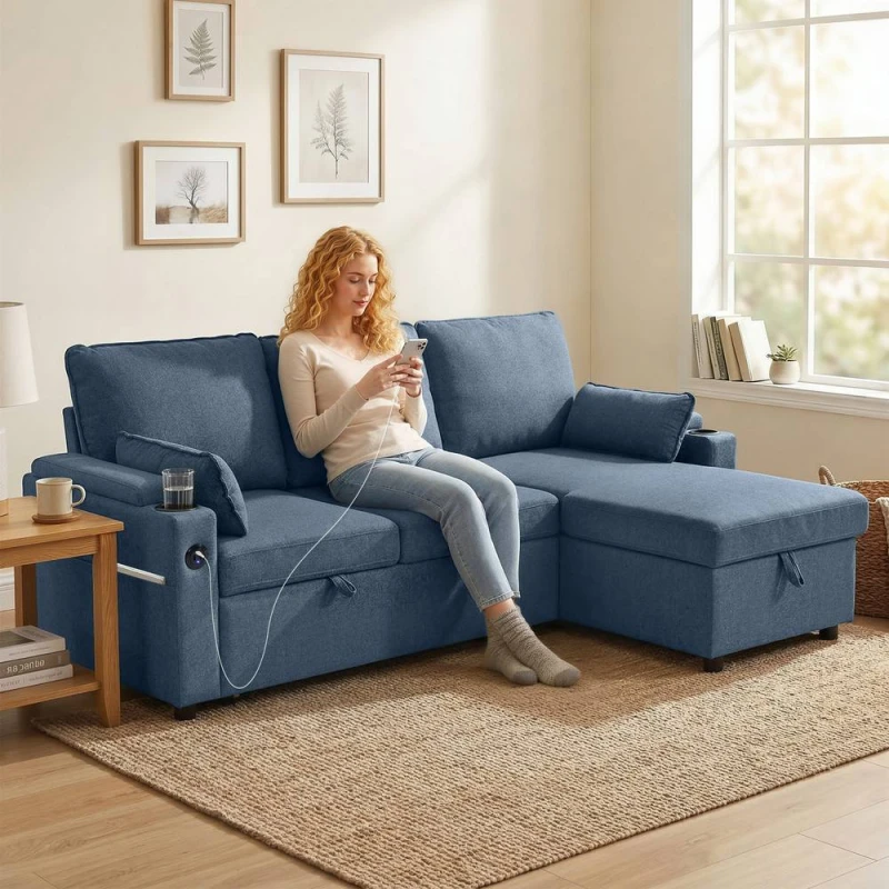 Image of HOMCOM Corner Sofa Bed, L Shaped Sofa with Storage Chaise, USB Ports in Blue Size: 3 Seater Blue Unisex 3 Seater