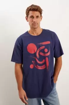 image of Over Sized Short Sleeve Navy Red Hand Drawn Print Tee