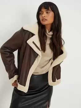 Image of Dorothy Perkins Short Shearling Aviator - Dark Brown, Brown, Size 12, Women
