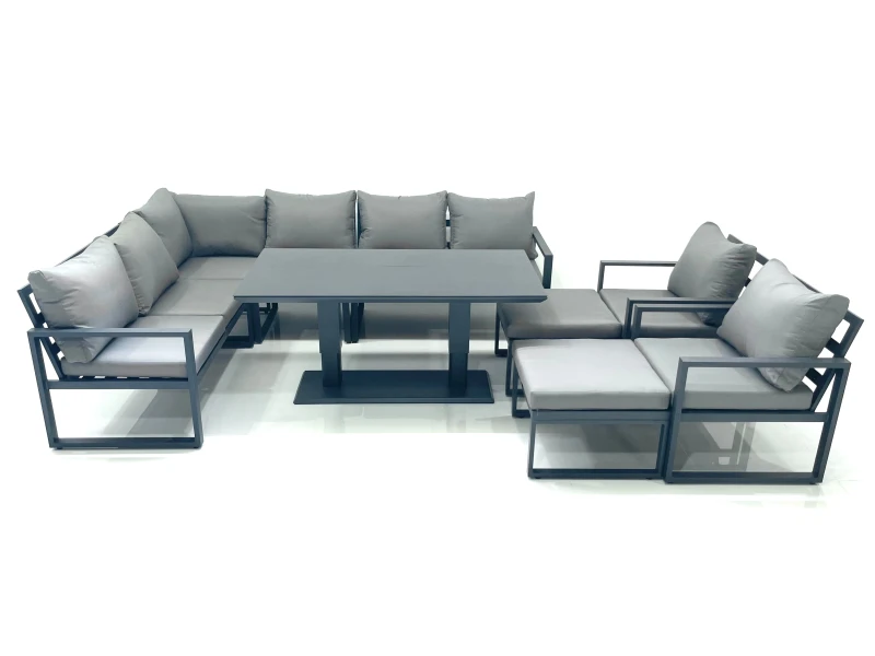 Image of Fimous Aluminum Outdoor Garden Furniture Set Corner Sofa 2 Chair 2 Big Footstools Adjustable Rising Lifting Dining Table Sets Dark Grey Dark Grey Unis