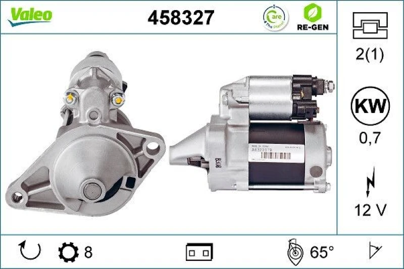 Image of VALEO 458327 Starter motor 0,7kW, 12V, Number of Teeth: 8 Starter (2)