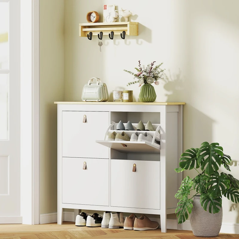 Image of HOMCOM HOMCOM Narrow Shoe Cabinet with 4 Flip Doors, Removable and Adjustable Shelves in White Size: Large White Large Unisex 5063603430396