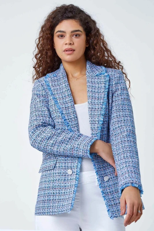 Image of Roman Womens Frayed Edge Boucle Check Jacket in Blue Size: 20 Blue Female 20