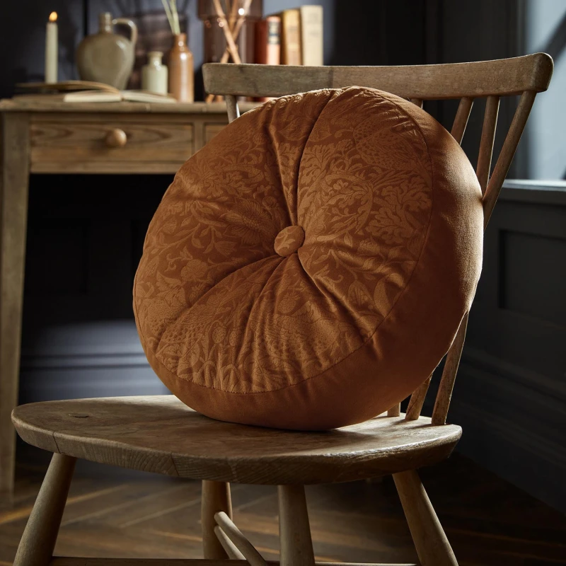 Image of William Morris At Home Strawberry Thief Embossed Circular Cushion, 38cm, Saffron