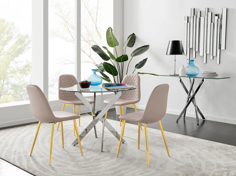 Image of FurnitureboxUK FurnitureboxUK Novara Chrome Metal 100cm Round Glass Dining Table And 4 Corona Gold Dining Chairs in Beige Beige One Size Unisex 505654