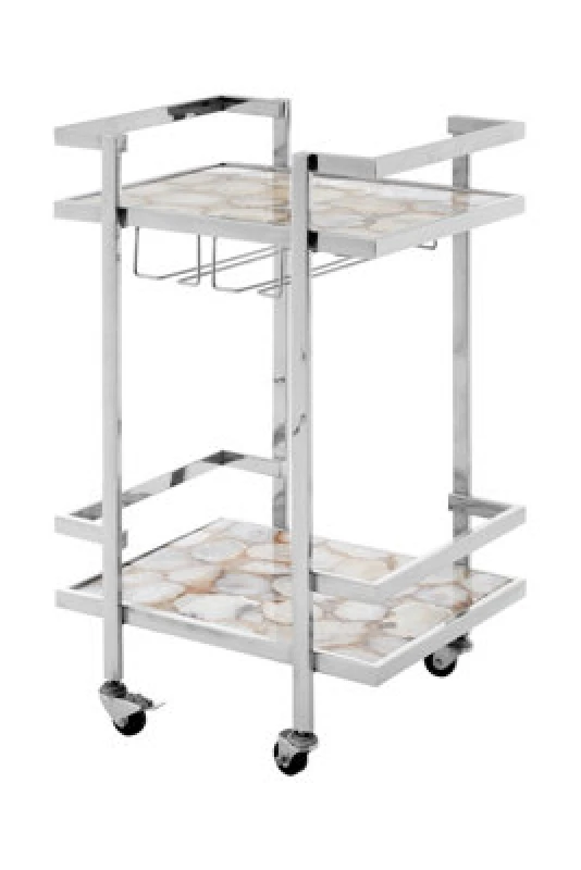 Image of Orsina White Agate Drinks Trolley,two Tier Serving Trolley,kitchen Storage Trolley,bar Trolley With Glass Holders