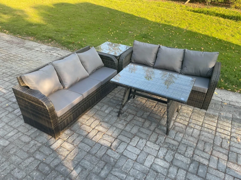 Image of Fimous Garden Furniture Sofa Set Rectangular Dining Table Indoor Outdoor 6 Seater Rattan Set Dark Grey Mixed Dark Grey