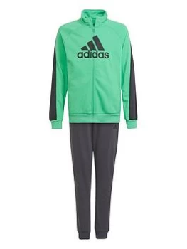 Image of adidas Junior Boys Badge Of Sport Cotton Tracksuit - Green/Black, Size 3-4 Years