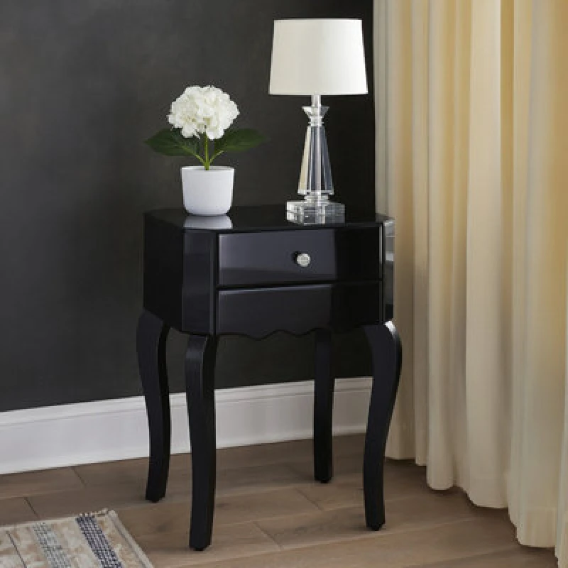 Image of Premier Housewares Sleek 1 Drawer Side Table, Black Mirrored Modern Side Table For Livingroom, Glass Finished Bedside Table Black