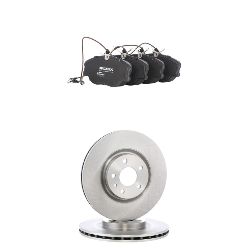 Image of RIDEX 3405B3165 Brake disc and pads set Front Axle, Brake Disc Type: internally vented, incl. wear warning contact Brake Set,disc brakes (3405)