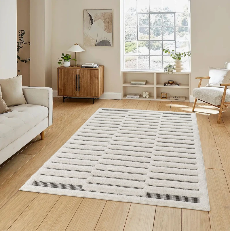 Image of Freya Living Room Area Rug Contemporary 3D Embossed Modern Stripe Bar Design - Cream 200Cm X 290Cm