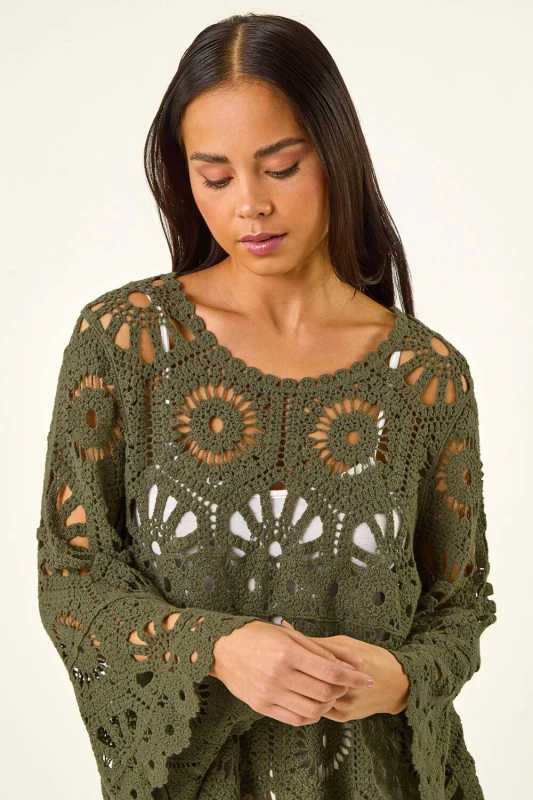 Image of Roman Womens Petite Crochet Flare Sleeve Top in Khaki Size: S/M Khaki Female S/M