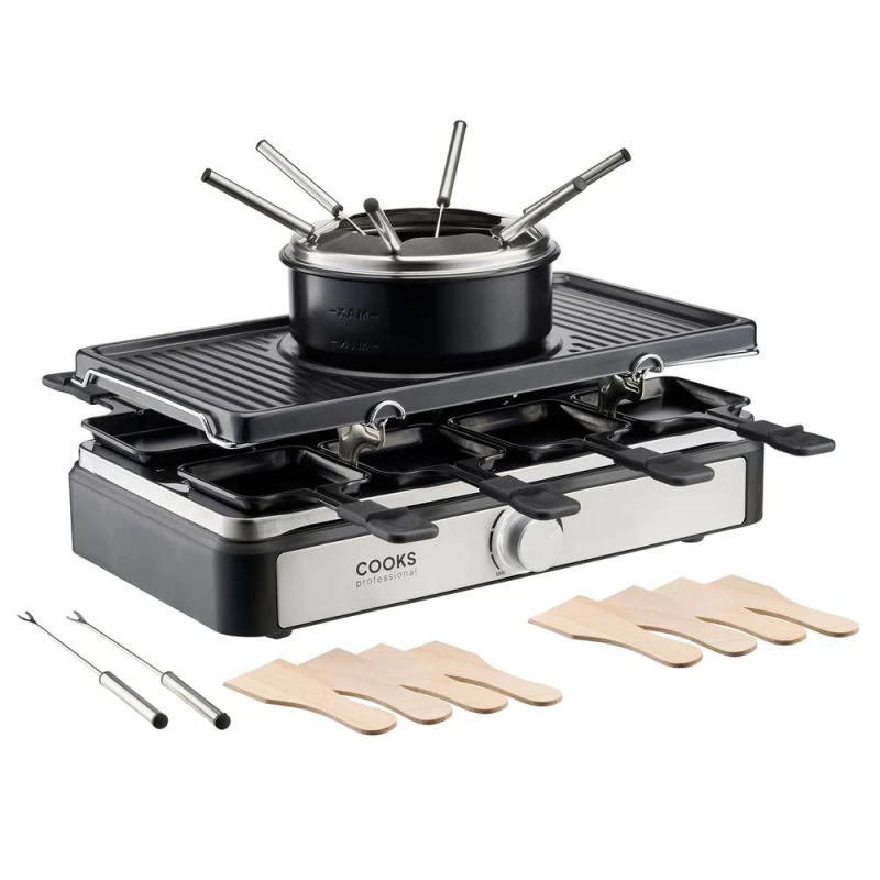 Image of Cooks Professional Electric 2-in-1 Raclette Grill & Fondue Set 1400W - 8 Person in Black Unisex
