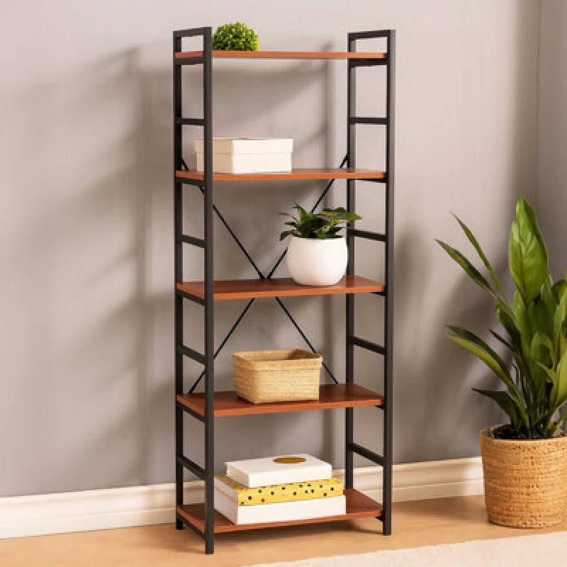 Image of Orsina Red Pomelo 5 Tier Shelf Unit With Black Metal Frame,wall Shelving Unit,bookcase Unit For Decorative Items