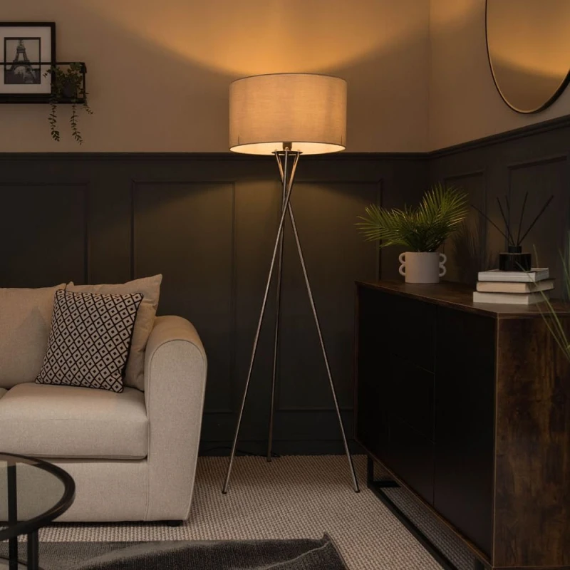Image of ValueLights ValueLights Camden Polished Chrome Tripod Floor Lamp with Drum Lamp Shade and Bulb in Grey Grey One Size Unisex 5055759991562