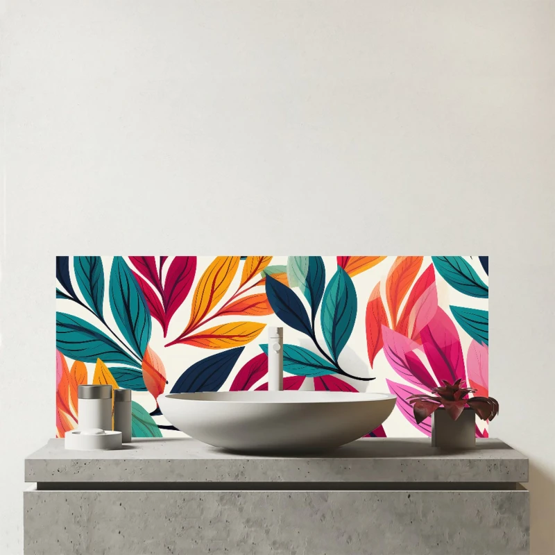 Image of Warren Reed - Designer Bright Leaves Pattern Glass Bathroom Splashback in Orange Orange Unisex