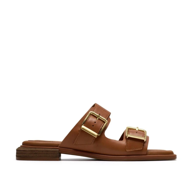 Image of Clarks Womens Ariany Bay Tan Leather Flat Sandals, Sliders in Brown Size: 4-Standard Fit Brown Female 4-Standard Fit
