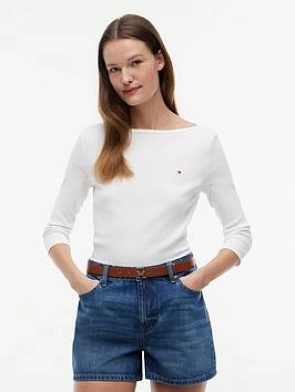 Image of Tommy Hilfiger Cotton Boat Neck T-Shirt with 3/4 Length Sleeves Ecru Cotton XS