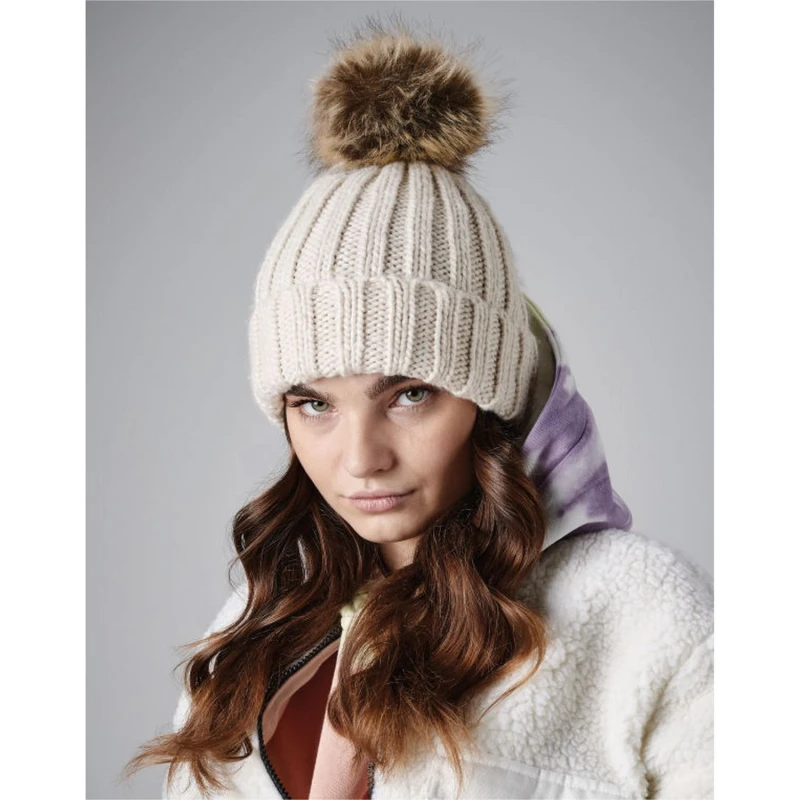 Image of Beechfield Beechfield Men Pom Pom Faux Fur Chunky Knit Beanie in Beige Beige One Size Male 5063425299843
