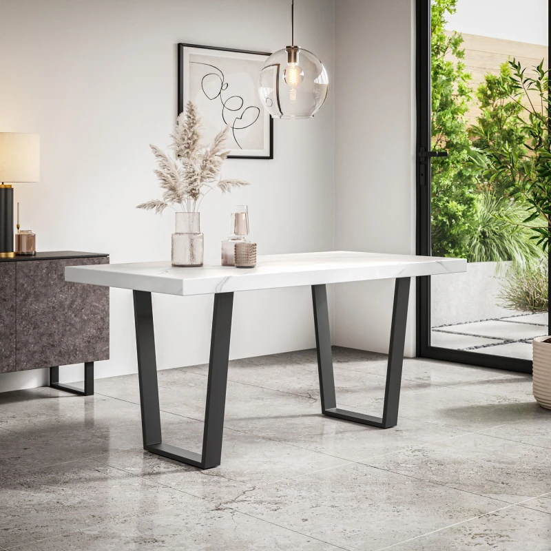 Image of More4Homes Aria 4-6 Seater Dining Table Modern White Marble Effect Table Top W Black Legs