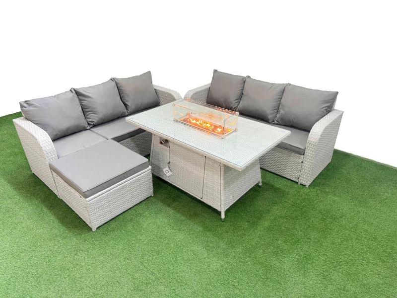 Image of Fimous Outdoor Garden Furniture Sets 7 Seater Wicker Rattan Furniture Sofa Sets with Firepit Dining Table high Back Lounge Sofa Big Footstool Light Gr