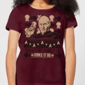 Image of Star Trek: The Next Generation Make It So Christams Womens Christmas T-Shirt - Burgundy - L