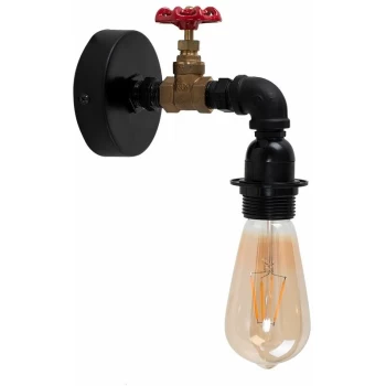 image of Industrial Antique Brass / Satin Black & Red Tap Wall Light - No Bulb