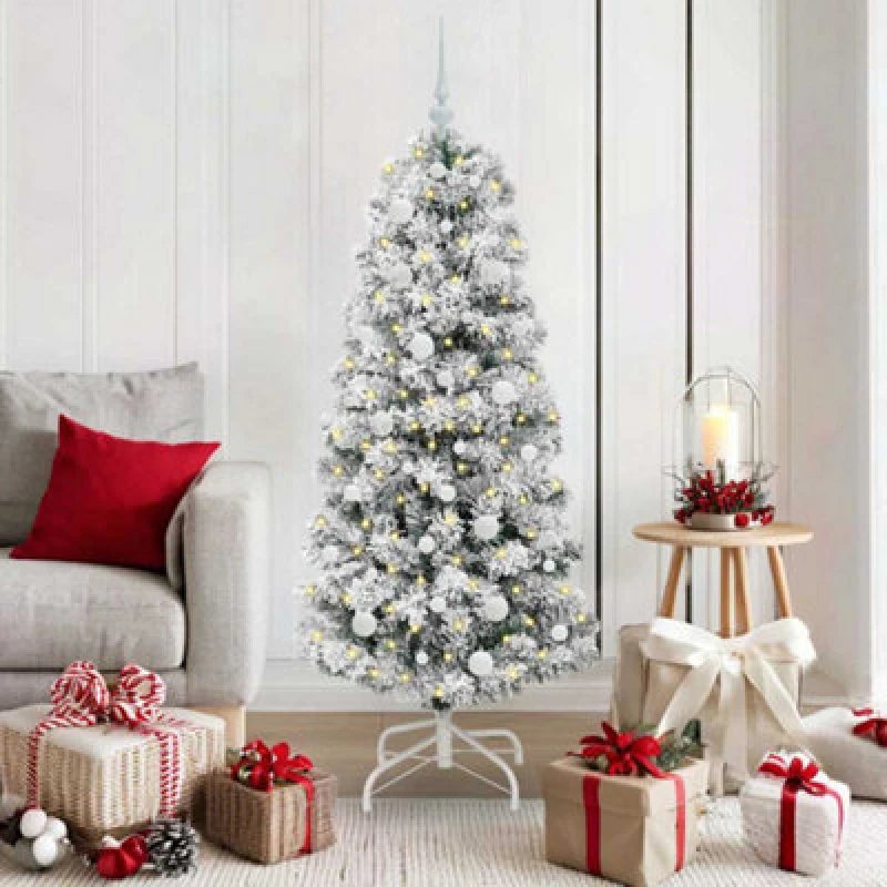 Image of vidaXL Artificial Hinged Christmas Tree with White Balls Green and white 150 cm, Green 3395589